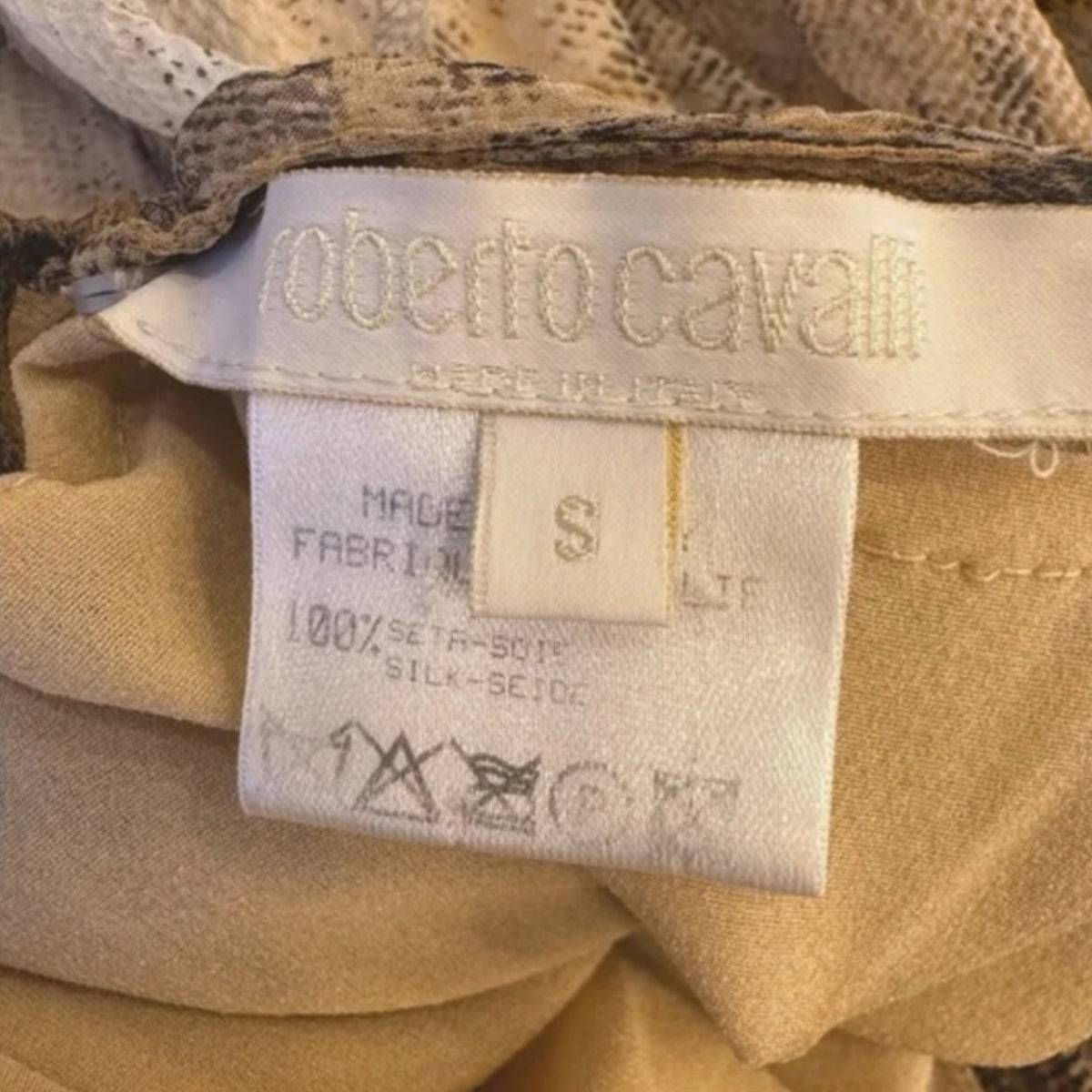 Fivedotsvintage Roberto Cavalli silk evening dress care label showing 100% silk composition and size small tag