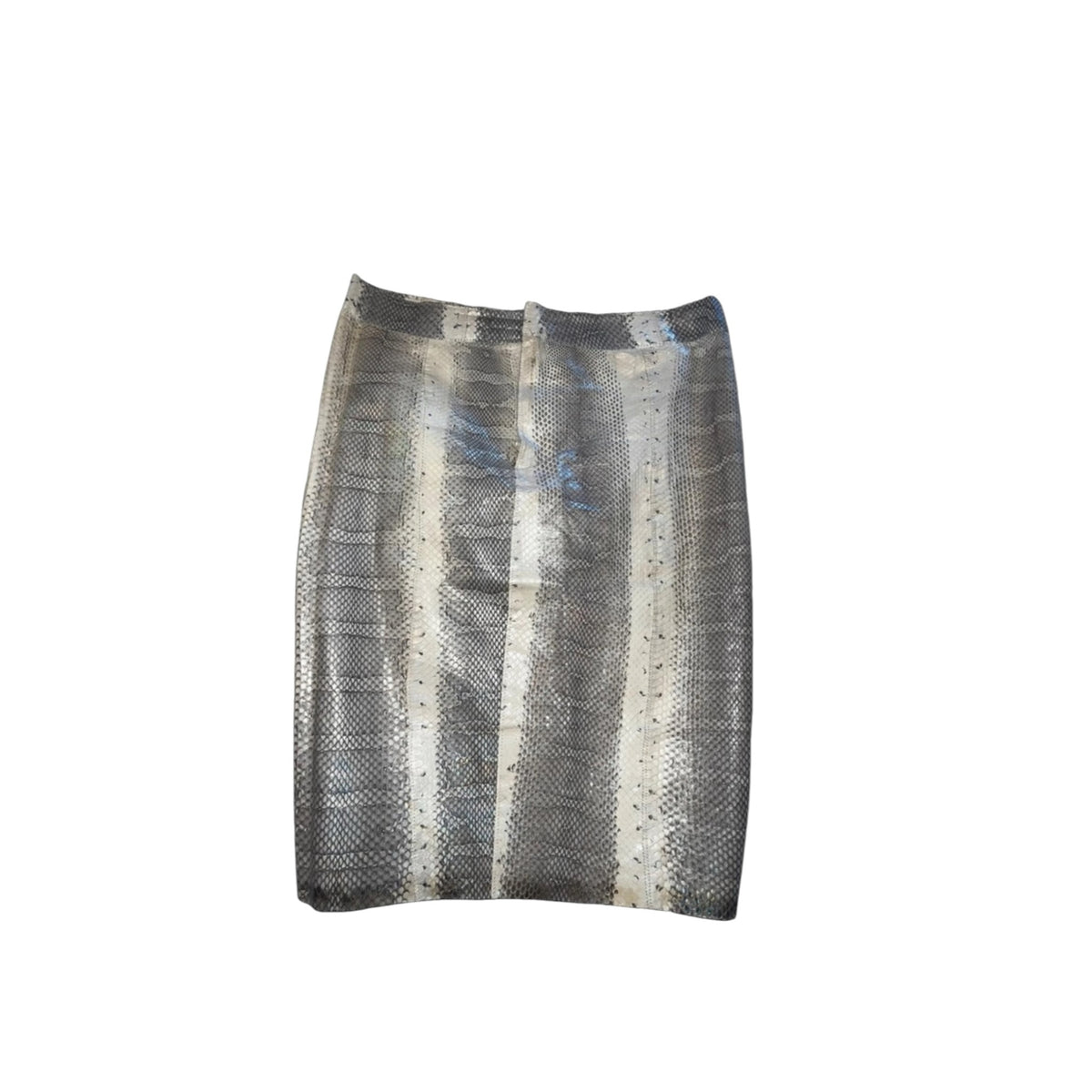Fivedotsvintage Roberto Cavalli mini skirt in silver and grey with a textured snakeskin-effect pattern.