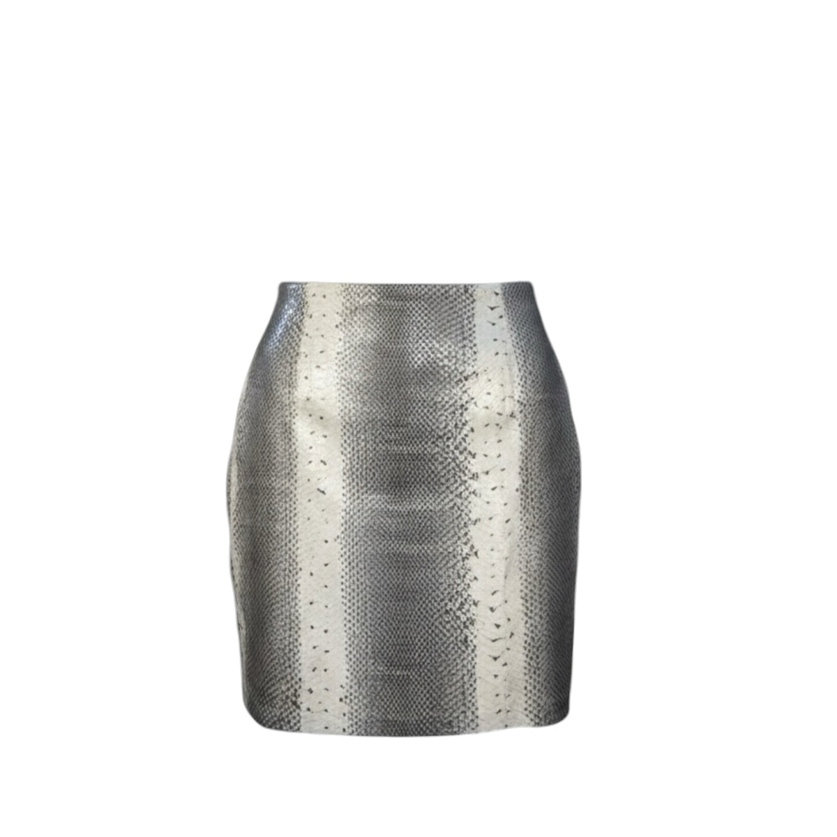 Fivedotsvintage Roberto Cavalli mini skirt in silver and grey snakeskin-effect textured fabric with a fitted silhouette.