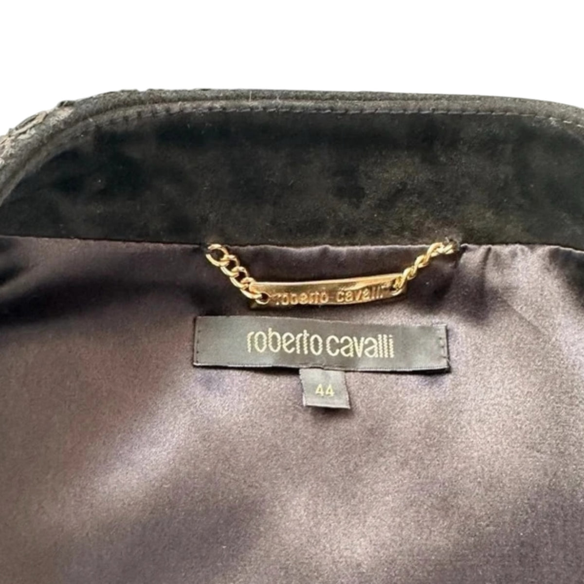 Fivedotsvintage Roberto Cavalli black suede jacket interior label with gold chain detail and size 44 tag