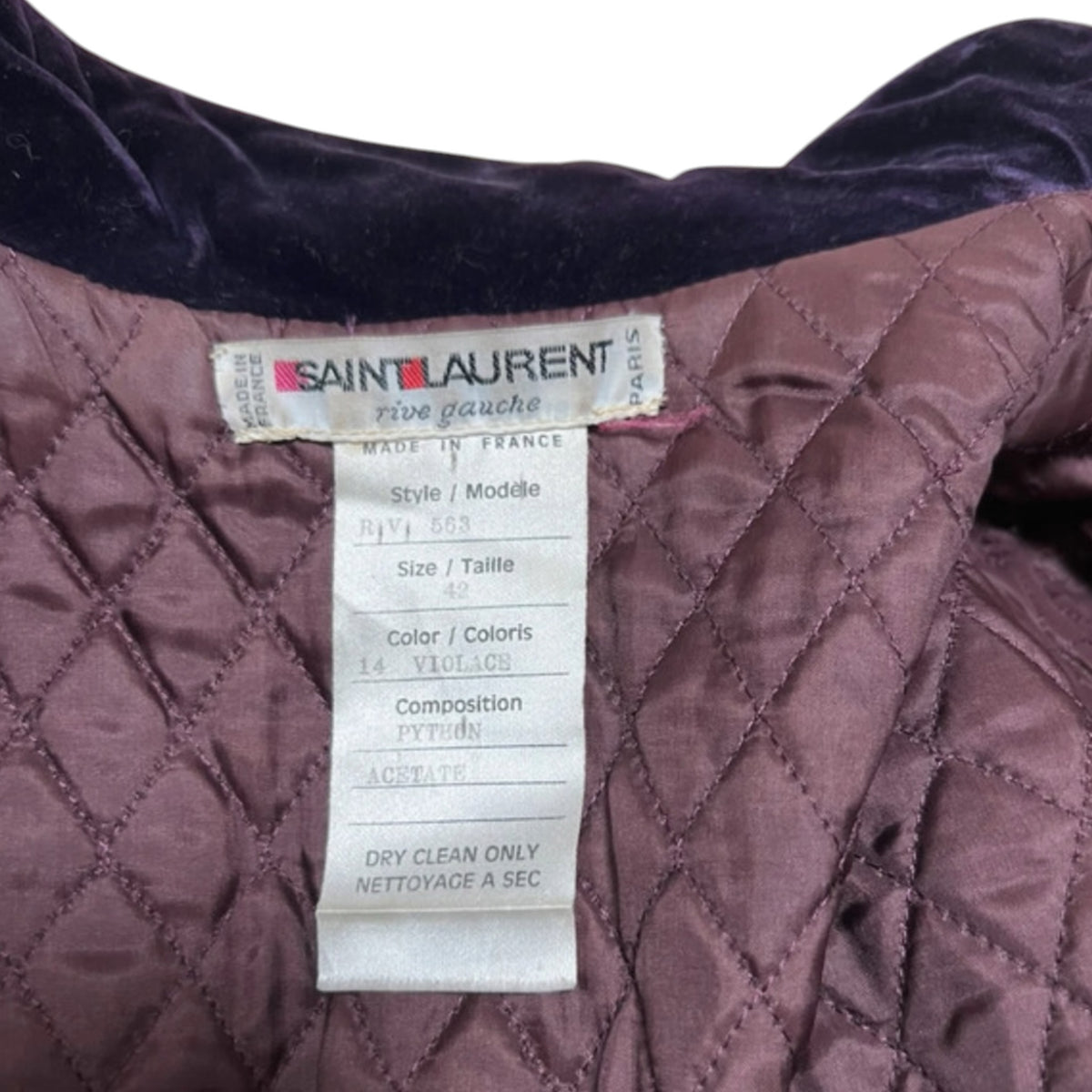 Fivedotsvintage Saint Laurent Rive Gauche jacket interior label showing python and acetate composition in purple