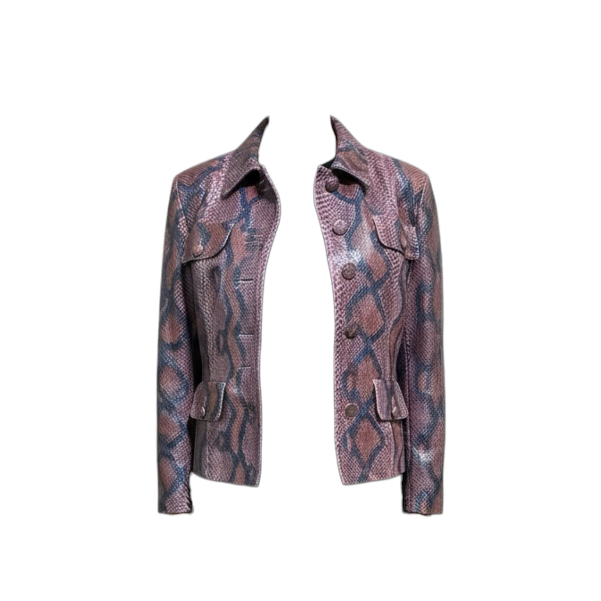 Fivedotsvintage Saint Laurent Rive Gauche python skin jacket in purple, brown, and blue with button-front pockets.