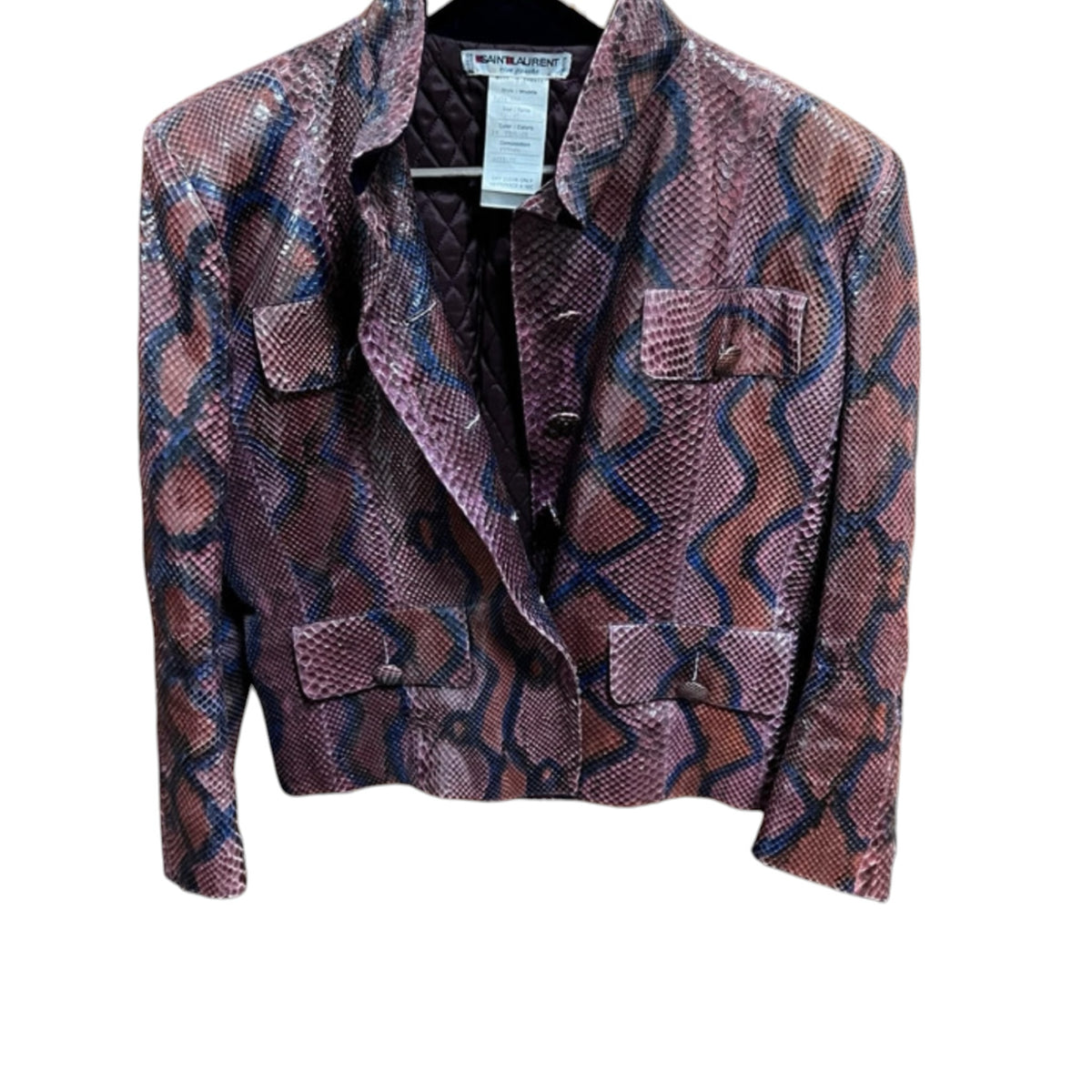 Fivedotsvintage SAINT LAURENT Rive Gauche python skin jacket in purple, brown, and blue with button-front pockets.