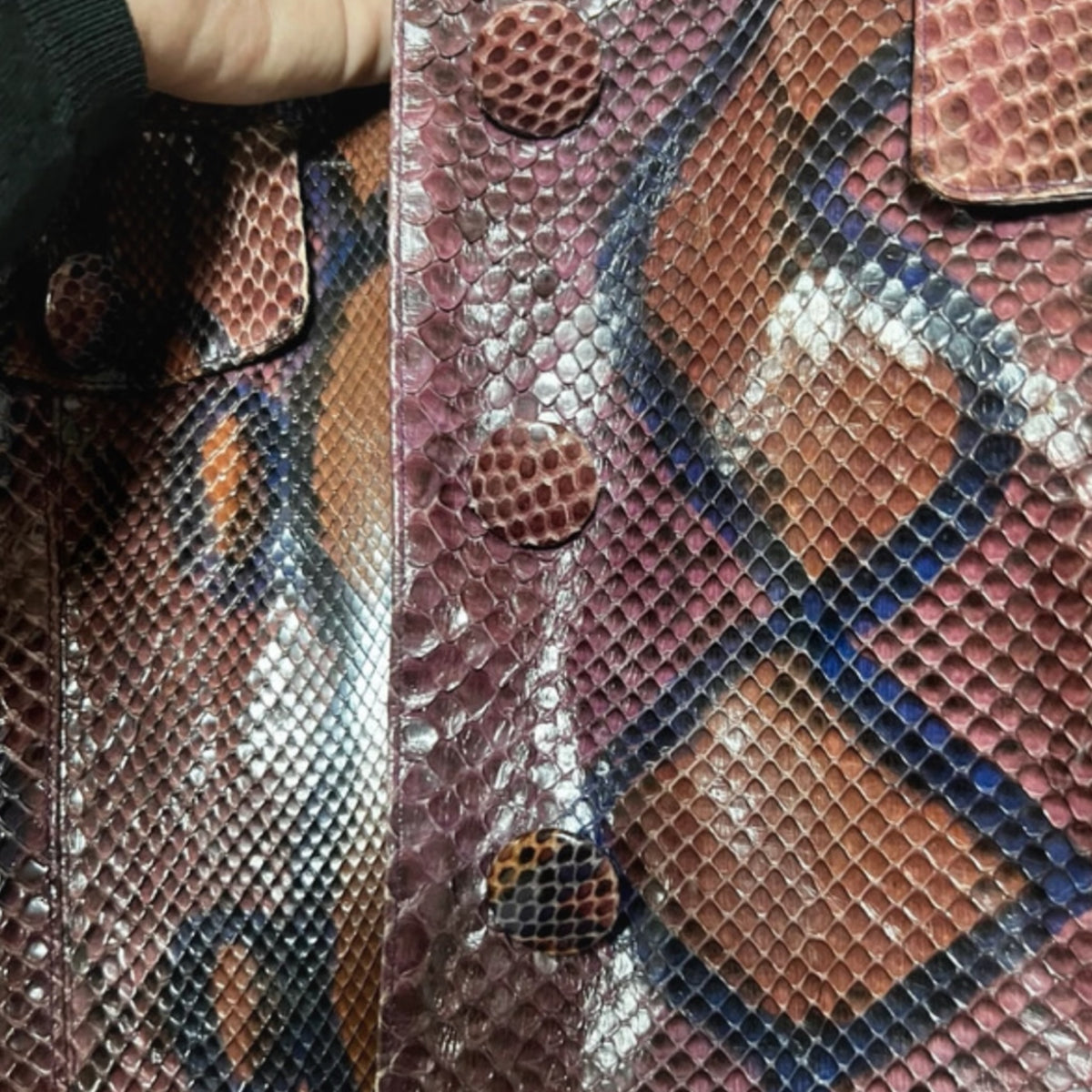Fivedotsvintage Saint Laurent Rive Gauche jacket in purple, brown, and blue python skin with matching covered buttons.