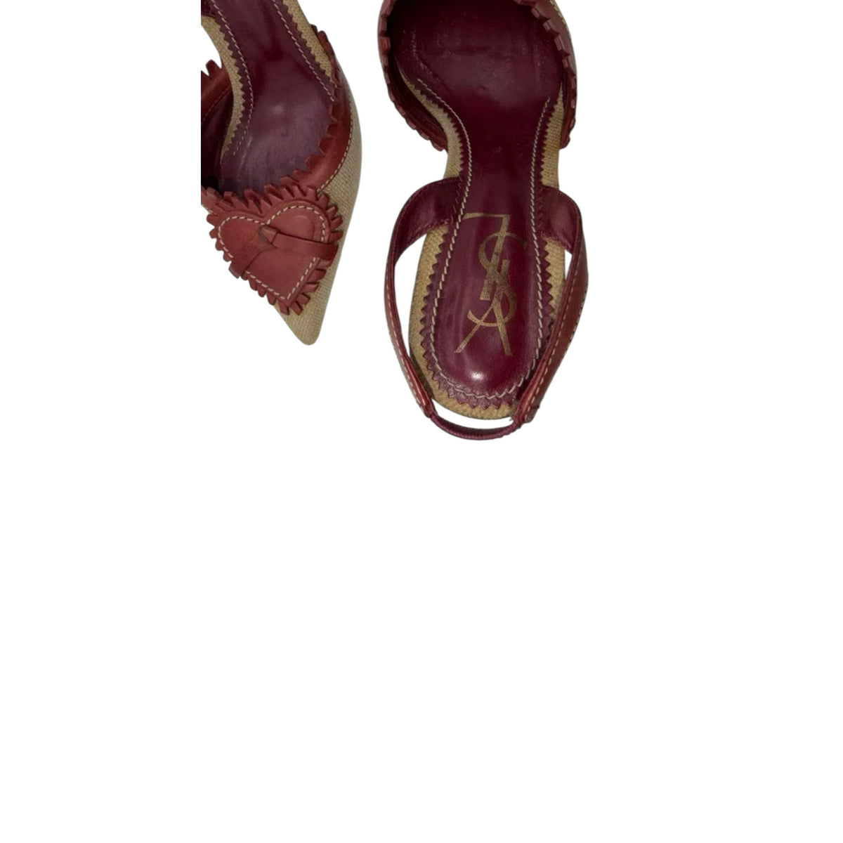 Fivedotsvintage Saint Laurent red leather and canvas slingback heels with heart detail and pointed toe