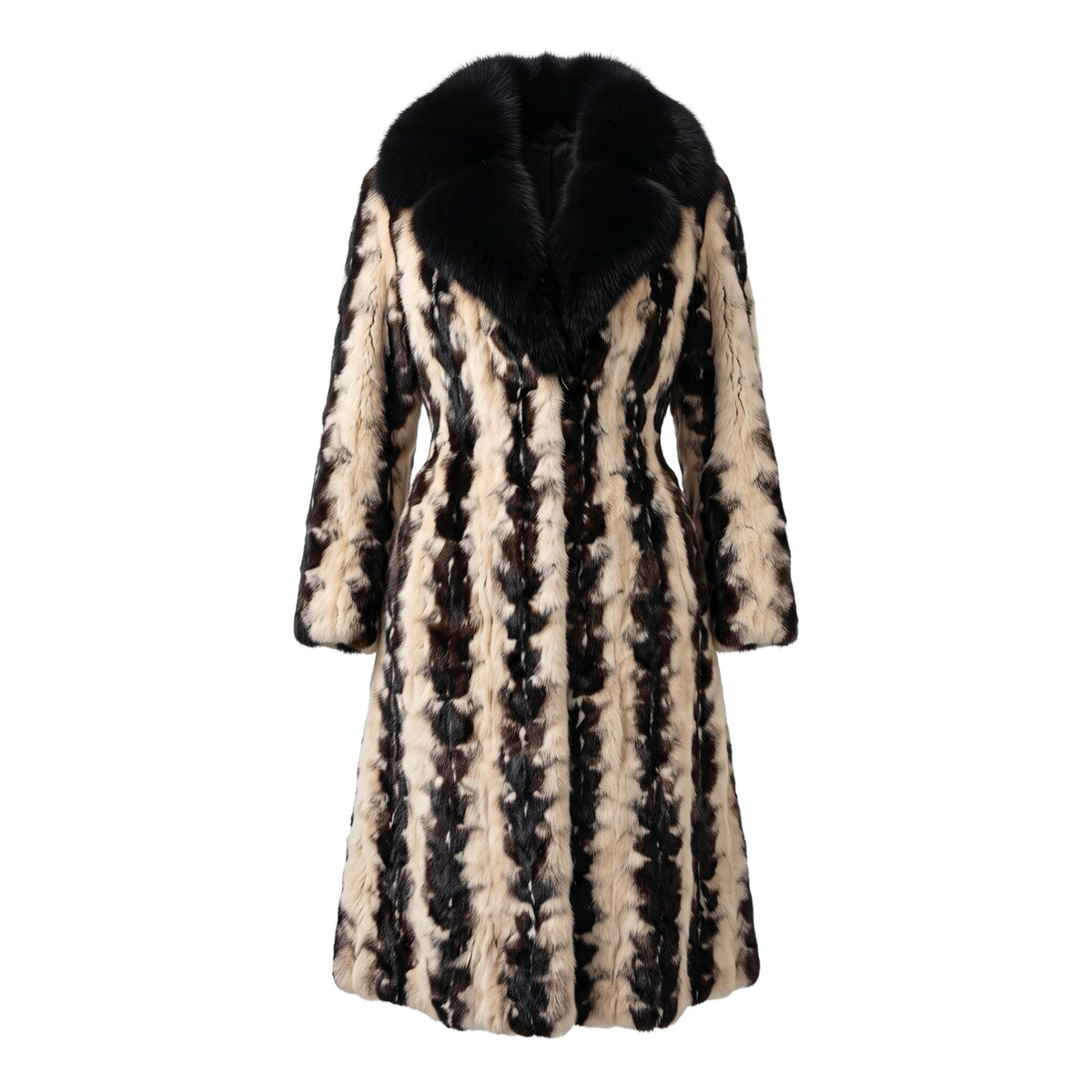 Fivedotsvintage full-length faux fur coat with cream, brown, and black vertical stripes and a plush black collar.
