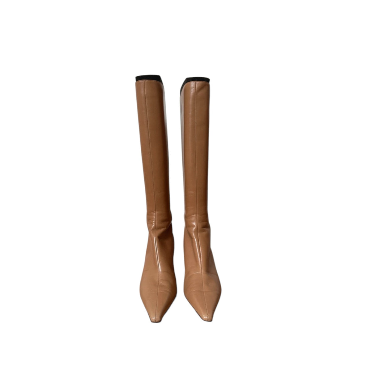 Fivedotsvintage tan leather knee-high boots with a pointed toe and kitten heel, featuring a sleek, elegant design.