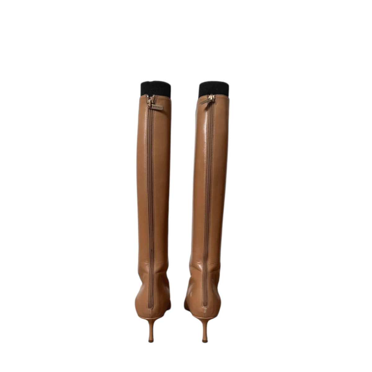 Fivedotsvintage tan leather knee-high boots with back zippers and kitten heels, featuring a pointed-toe silhouette.