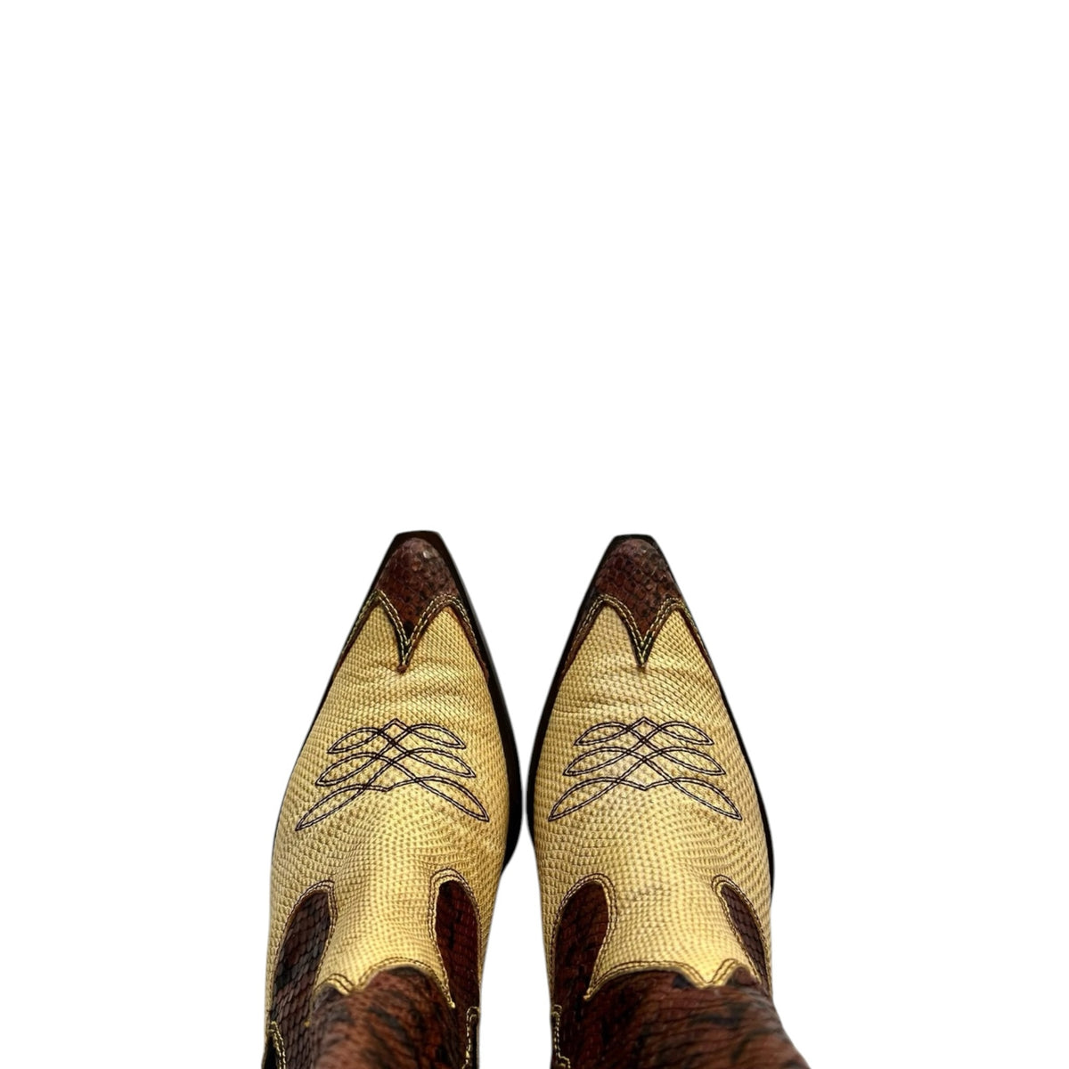 Fivedotsvintage western ankle boots with cream and brown snakeskin-embossed texture and decorative toe stitching.