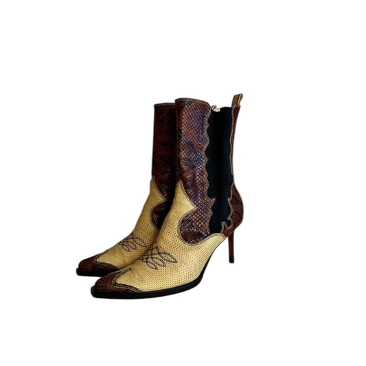 Fivedotsvintage western-style ankle boots in cream and brown snakeskin-embossed leather with a stiletto heel.