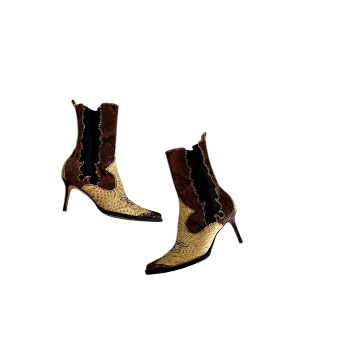Fivedotsvintage western-style ankle boots with cream and brown snakeskin-embossed texture, stiletto heel, and stitching.