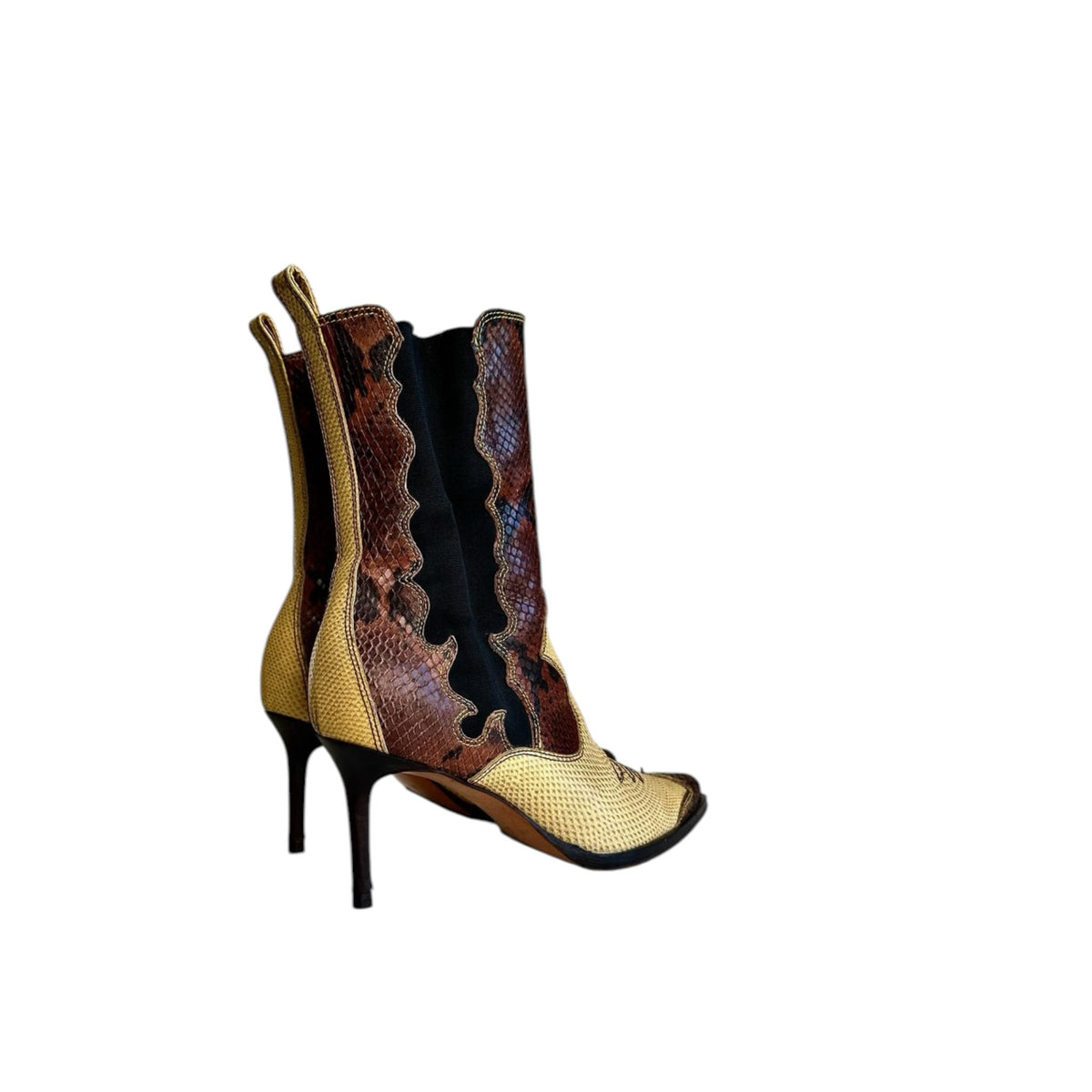 Fivedotsvintage western stiletto ankle boots in cream and brown snakeskin-embossed leather with black side panels.