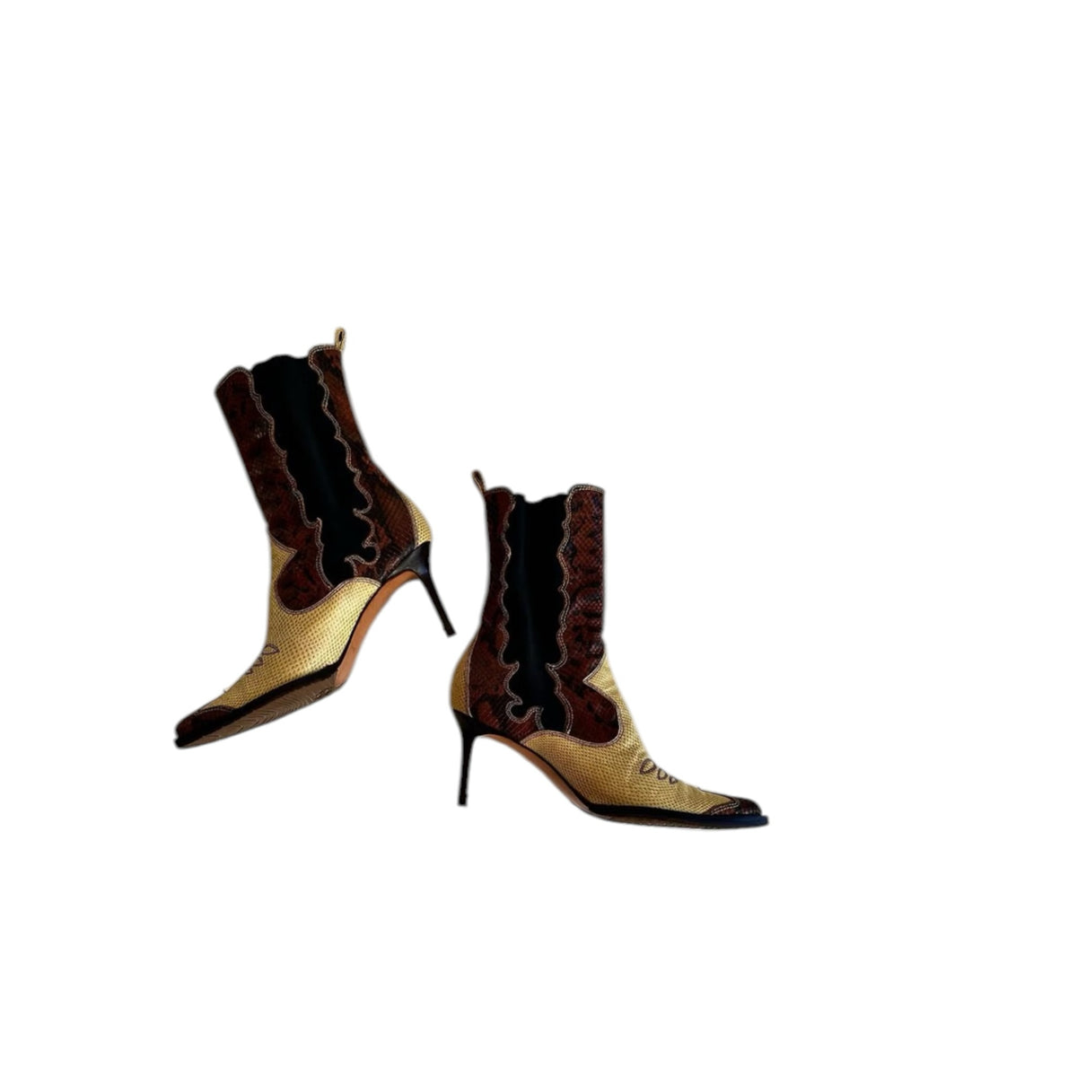 Fivedotsvintage western ankle boots in cream and brown snakeskin-embossed leather with stiletto heels and pointed toes.