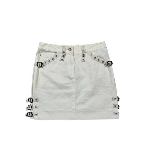 Fivedotsvintage white Christian Dior cotton mini skirt with metallic buckle and stud hardware details.
