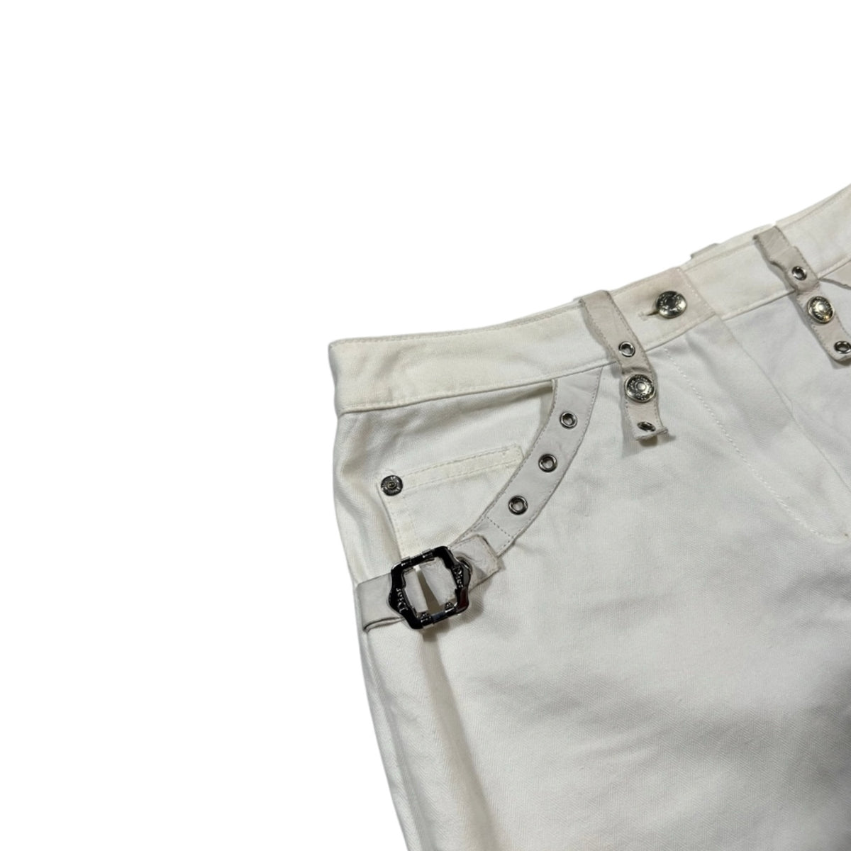 Fivedotsvintage white cotton Christian Dior mini skirt with metallic buckle and stud hardware details