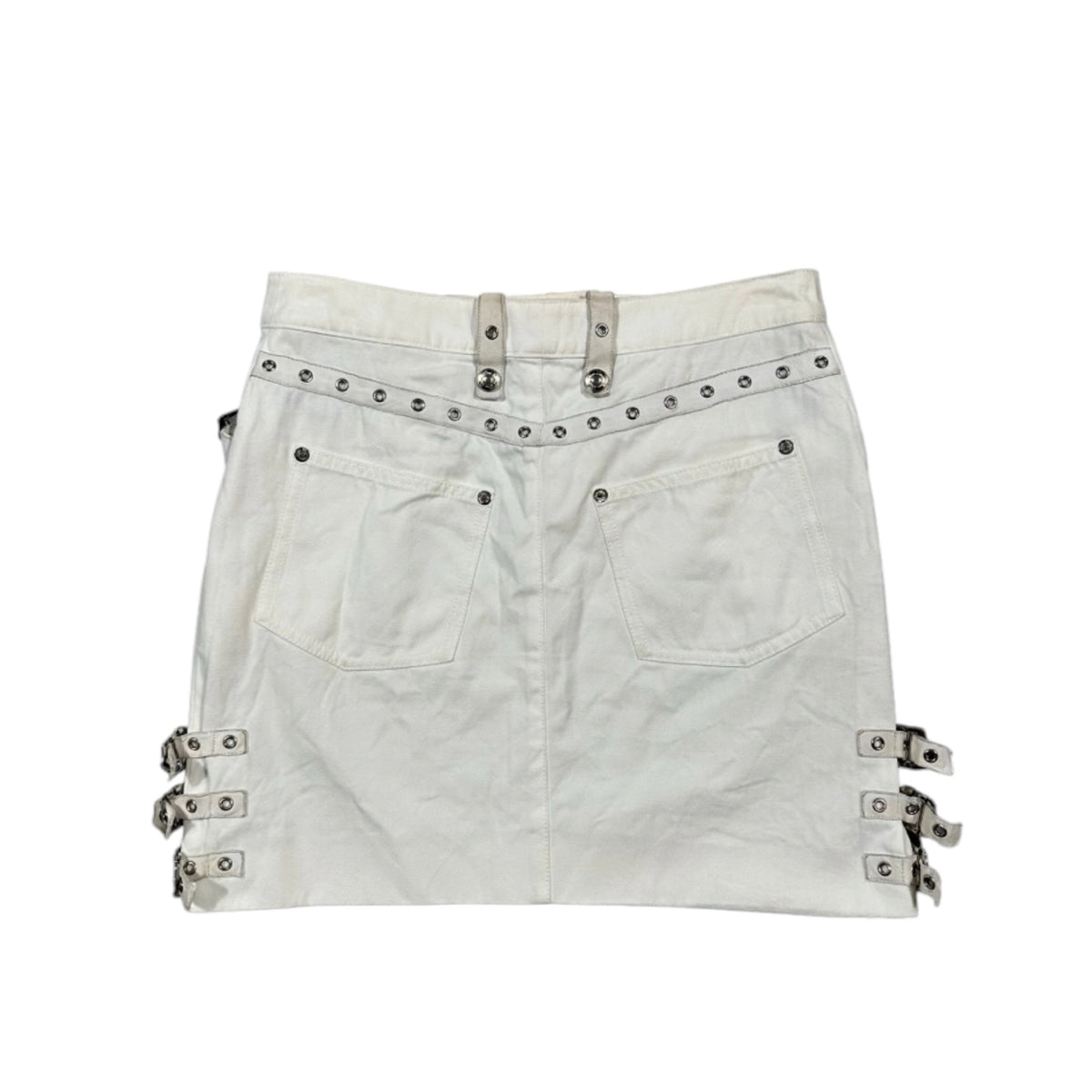 Fivedotsvintage white cotton Christian Dior denim mini skirt with side buckles and metallic stud detailing