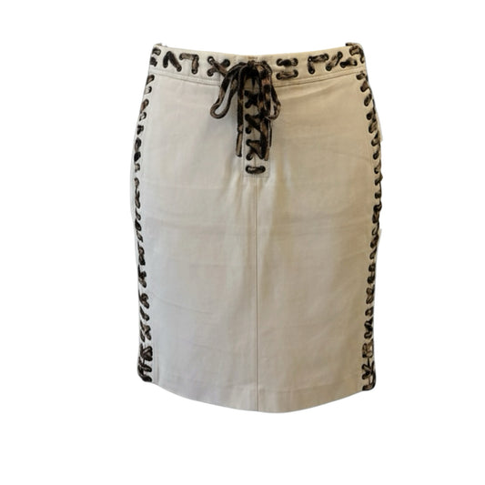 Fivedotsvintage Yves Saint Laurent off-white cotton pencil skirt with leopard print lace-up side panels and waist tie.
