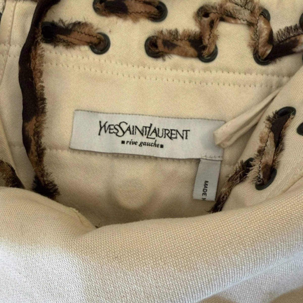 Fivedotsvintage Yves Saint Laurent Rive Gauche off-white cotton skirt label with leopard print lace-up detail